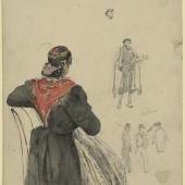 Rudolf von Alt (1812-1905) Dalmatinische Frau; im Hintergrund Skizzen zu vier Männern, 1841, Aquarell, 238 x 164 mm  © Staatliche Graphische Sammlung München