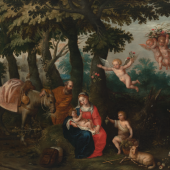 752 BALEN, JAN VAN (ATTR.)ANTWERPEN 1611 - 1654 41 x 44 cmDie Ruhe auf der Flucht. Die Heilige Familie von Engeln begleitet. Öl/Holz