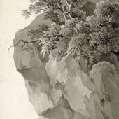 Adrian Zingg Baumgruppe auf einem Felsenvorsprung Feder in Schwarz, Pinsel in Grau, 379 × 234 mm Kupferstich-Kabinett, Staatliche Kunstsammlungen Dresden