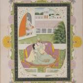 Carlton Rochell Asian Art. Illustration from a Baramasa Series. Attrib. Sajnu. Mandi, Himachel Pradesh, c. 1808. Opaque watercolor and gold on paper. 10 x 12 in.