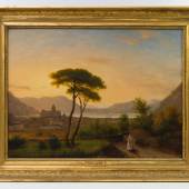  GIACOPELLI, J. (Italienischer Maler 19. Jh., Parma): "Italienische Landschaft mit Stadt und See", Blick auf eine kleine Stadt mit markanter Kirche bei Sonnenaufgang.
