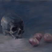 Yan Pei-Ming, Nature morte, crâne et oignons, 2020. Oil on canvas. 50 x 61 x 2 cm (19.69 x 24.02 x 0.79 in). © Yan Pei-Ming / ADAGP, Paris 2020