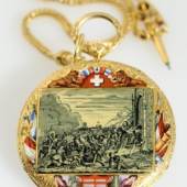 Francois & August Meylan à Genève, Geh. Nr. 25569, 43 mm, 37 g, circa 1844, Goldemail-Schützenuhr, Schätzpreis 16.000 - 30.000 € 