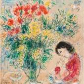 Lot 2024 Marc Chagall* Fleurs et Femme en rêve, wohl 1970er Jahre Gouache, Farbkreide und Bleistift auf Papier auf Leinwand 44,6 x 42 cm Schätzpreis: 100 000 - 200 000 €