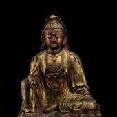 A Large Gilt-Lacquered Wood Figure Of Guanyin Qing Dynasty, 17th / 18th Century Est. $40/60,000 Height 38 1/4  in., 97.2 cm Sold for $286,000