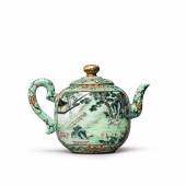 A Rare Turquoise-Ground Famille-Rose The Hui Mountain Retreat Teapot and Cover Qianlong Seal Mark and Period Length 6 7/8  in., 17.5 cm Estimate $300/500,000 Sold for $3,490,000