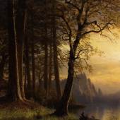 Albert Bierstadt Sunset In California, Yosemite signed with the artist's monogrammed signature A Bierstadt (lower left) oil on canvas 28 ½ by 22 inches (72.4 by 55.9 cm) Est. $1/1,5 Million