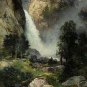 Lot 84 Thomas Moran Cascade Falls, Yosemite signed T Moran and dated 1905 (lower right) oil on canvas 30 1/4 by 20 inches (76.8 by 50.8 cm) Estimate $800/1,200,000