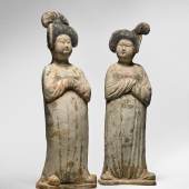 $52,500 (£39,423) $20,000 - 30,000 Pair Of Painted Pottery Figures Of Ladies, Tang Dynasty