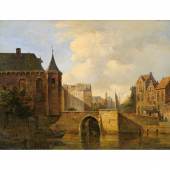 4264 Berckheyde, Gerrit Adriaensz 1638 Haarlem - 1698 ebd. Ansicht einer holländischen Stadt mit Blick auf eine Gracht. Öl auf Holz, parkettiert. U.l. ... 	Limit: 19000,- EUR