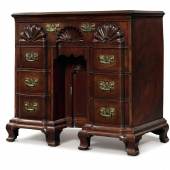 Lot 2089 Important Queen Anne Carved and Figured Mahogany Block-and-Shell Kneehole Bureau Table, Providence, Rhode Island, circa 1765 Height 34 1/2 in. by Width 37 in. by Depth 18 3/4 in. Est. $300/500,000 Sold for $672,500