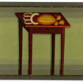 Lot 5139 Important Painted Fireboard from the Moses Martin House, Salem, New York, circa 1830 oil on canvas; depicting an arrangement of fruit on a curly maple table floating on a background of light green concentric rectangles. 29 3/4 by 49 1/2 in.  Est. $60/80,000 Sold for $ 100,000