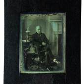 Lot 147 Philip Haas John Quincy Adams half-plate daguerreotype, in a mid-to-late 19th century ebonized wood wall frame, signed 'J. Q. Adams' and inscribed 'Hon Horace Everett / Windsor / Vermont' by Adams in ink on address leaf, an Everett family crest bookplate, inscribed 'Presented by J. Q. A. to his Kinsman H. E. 1843' and annotated in an unidentified hand in ink, and with other labels and inscriptions on the reverse of the frame, 1843 Half-plate Estimate $150/250,000