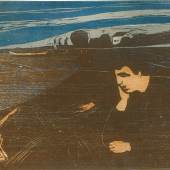 Lot 84 Property from the Collection of Catherine Woodard and Nelson Blitz, Jr. Edvard Munch Melancholy III (Schiefler 144; Woll 203) Woodcut printed in brown, light brown, blue and grey, 1902, a fine impression with fresh colors, signed in pencil, Woll's III (final) state, on thin Japan paper, framed image: 377 by 474 mm 14 7/8 by 18 5/8 in sheet approx.: 475 by 620 mm 18 3/4 by 24 3/8 in Estimate $300/500,000 