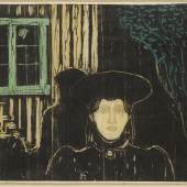 Lot 91 Property from the Collection of Catherine Woodard and Nelson Blitz, Jr. Edvard Munch Moonlight I (SCH. 81; W. 90) Woodcut printed from three blocks in black, grey, ochre, green and blue green, 1896, a fine impression, on thin Japan paper, probably printed by Lassally, framed image: 402 by 472 mm 15 7/8 by 18 5/8 in sheet: 472 by 536 mm 18 5/8 by 21 1/8 in Estimate $150/250,000 