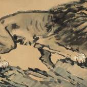 Lot 956 Xu Beihong 1895-1953 Lion  ink and color on paper, mounted for framing 51.8 by 82 cm. 20 3/8  by 32 1/4  in.  Est. $150/200,000 Sold for $ 828,500