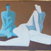 Milton Avery Two Nudes Signed and dated 1954; signed, titled, dated 1954 and inscribed with dimensions on the revser Oil on canvas 27 by 37 in., 68.6 by 94 cm Estimate $400/600,000