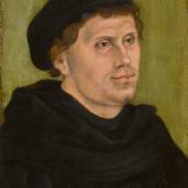 Lot 9 Property From A Private Collection Lucas Cranach the Elder Portrait Of Martin Luther (1483-1546) signed with the winged serpent device and with traces of date centre left, and bears date upper left: 1517 oil on beechwood panel 15 7/8  by 10 1/2  in.; 40.3 by 26.5 cm. Estimate $800/1.2 million Sold for $ 2,295,000