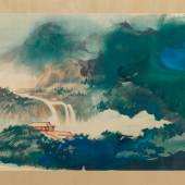 Zhang Daqian Water And Sky Gazing After Rain In Splashed Color ink and color on paper, horizontal scroll 張大千 巻去青靄望水天 設色紙本 橫批 Estimate $1.2/1.8 million 