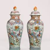 An Impressive and Large Pair Of Famille-Rose 'Soldier' Vases And Covers Qing Dynasty, Qianlong Period, Circa 1740 Height 52 1/2 in., 133.4 cm Estimate $250/400,000