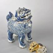 9828 Rare Blue and White Qilin-Form Censre (Shown Alongside A Chinese Foo Dog Minaudiere, Courtesy the Saini Kannan Collection)