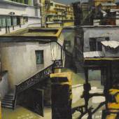 Property From The Collection Of Herb And Helen Gordon Bikash Bhattacharjee  Untitled (Rooftops) Oil on canvas Signed and dated 'Bikash' 64-72' lower right 32½ by 68⅝ in., 82.8 by 174.3 cm. Painted between 1964-72 Estimate $120/180,000 