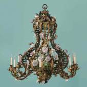green-painted and parcel-gilt tôle nine-light chandelier mounted with porcelain flowers, circa 1750 (pictured right, estimate $150/200,000)