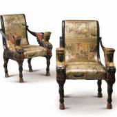 Lot 276 Pair of Carved and Polychrome Egyptian Revival Armchairs with Indian Silk Upholstery, Late 19th/Early 20th Century height 40 1/2 in. 103 cm Estimate $5/7,000