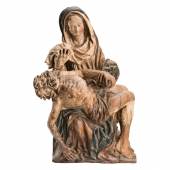 3271 Museale gotische Pietà  Niederrhein 1460 - 1480. Holz, halbrund geschnitzt und rückseitig gehöhlt, polychrom gefasst. Limit: 9000,- EUR