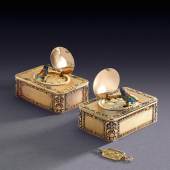 Lot 134 Frères Rochat An Impressive And Rare Consecutively Numbered Pair Of Four-Color Gold And Pearl Singing Bird Snuff Boxes For The Chinese Market Circa 1820 Estimate $300/500,000 Sold for $519,000 