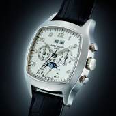 Lot 280 Patek Philippe A Fine And Very Rare White Gold Cushion-Form Perpetual Calendar Chronograph Wristwatch With Moon-Phases, Registers And Breguet Numerals Ref 5020g-013 Mvt 3046211 Case 2994144 Circa 2001 Estimate $200/300,000 Sold for $250,000