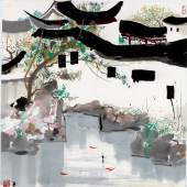 708 Wu Guanzhong 1919-2010 Jiangnan Spring signed Tu, with two seals of the artist, ba shi nian dai, wu guan zhong yin ink and color on paper, hanging scroll 67.6 by 66.7 cm. 26 5/8 by 26 1/4 in.  Estimate $150/200,000 Sold for $300,000