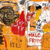 Jean‐Michel Basquiat Untitled (Pollo Frito) 1982 Acrylic, oil and enamel on canvas, in two parts 152.4 by 306.1 cm | 60 by 120½  in Estimate in excess of $25 Million