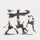 Lot 10 Banksy Heavy Weaponry stenciled with the artist’s name on the right overturn; numbered 10/25 on the stretcher spray paint on canvas 12 x 12 in.; 30.5 x 30.5 cm Executed in 2004, this work is number 10 from an edition of 25.  Estimate $50/70,000 Sold for $137,500