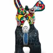 Lot 5 Niki de Saint-Phalle Le poète et sa muse acrylic on polyester resin 94 x 56 x 22 in.; 238.8 x 142.2 x 55.9 cm. Executed in 1973. Estimate $350/450,000 Sold for $399,000