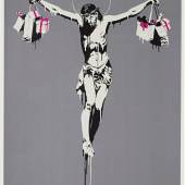 Lot 9 Banksy Chris with Shopping Bags signed, dated 04 and numbered 75/82 screenprint in colors on wove paper 27 1/4 x 19 1/2 in.; 69.2 x 50 cm Executed in 2004, this work is number 75 from an edition of 82. Estimate $15/20,000 Sold for $100,000