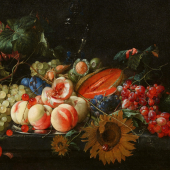  Lot 2053 Cornelis de Heem - Stillleben mit Pfirsichen und Kirschen auf einer Silberplatte mit anderen Früchten, Nüssen und Sonnenblumen Schätzpreis: 180.000 € - 220.000 €  