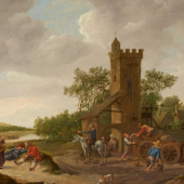 Lot 2055 Jan Steen - Landschaft an einem Fluss und mit einem Turm, davor be- oder entladen Männer einen Karren sowie weitere Figuren, darunter ein Reiter, eine Mutter mit Kindern und zwei rastende Männer