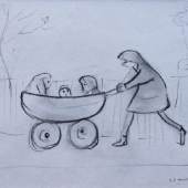 ‘A girl pushing three children in a pram’ by L S Lowry, pencil on paper, 8’x10’, signed and dated 1962, £40,000 from Neptune Fine Art
