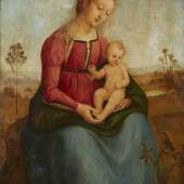 Lot 64 Italienischer Meister wohl des frühen 16. Jh. Madonna mit Kind in einer Landschaft Öl auf Holz, 51 x 34,5 cm