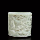 A Rare White Jade ‘Imperial Procession’ Brushpot