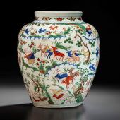 THE KESWICK ‘HUNDRED DEER’ JARA VERY RARE AND IMPORTANT WUCAI'HUNDRED DEER' JARWANLI SIX-CHARACTER MARK IN UNDERGLAZE BLUE WITHIN A DOUBLE CIRCLE AND OF THE PERIOD (1573-1620)14 in. (35.6 cm.) high
