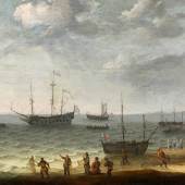 Adam Willaerts Küstenpartie mit Seglern vor einem Hafen  Öl auf Holz 46 x 84cm Schätzpreis: 50.000 - 60.000 Euro 