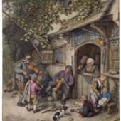 Adriaen van Ostade | Geiger vor einem Bauernhaus | 1673 | Aquarell und Gouache, Feder in Braun, über Spuren von Graphit
© THE PIERPONT MORGAN LIBRARY