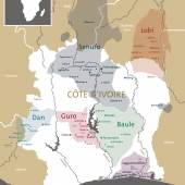 Die Karte zeigt die heutigen Staatsgrenzen der Côte d'Ivoire, sowie die Siedlungsgebiete der Ethnien Karte: Stefanie Beilstein, Museum Rietberg Zürich