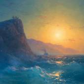 3206 IVAN KONSTANTINOVICH AIVAZOVSKY (1817 Feodosija 1900) Bewegte Meeresansicht mit steiler Küste bei Sonnenuntergang. 1883. Öl auf Leinwand. 66 x 103 cm. Schätzung: CHF 460 000 – 560 000 Auktion am 22. September 2017