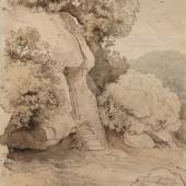 Albert Venus, Felsen bei Ariccia, 7. August 1866 Feder in Sepia, laviert und leicht mit Wasserfarben gehöht, 486 x 342 mm, Kupferstich-Kabinett © SKD, Foto: Andreas Diesend 