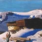 Alfons Walde (Oberndorf 1891 - 1958 Kitzbühel), Einsamer Berghof, ca. 1935, Öl auf Karton, 43 x 71 cm, erzielter Preis € 528.000