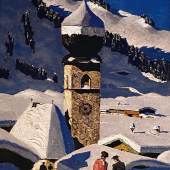 Alfons Walde (Oberndorf 1891–1958 Kitzbühel) "Tiroler Bergdorf" (Auracher Kirchl), 1947, Öl auf Karton, 39 x 29,2 cm, Auktion 28. November 2023, Schätzwert € 130.000–240.000