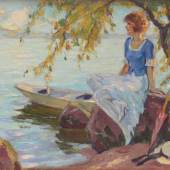 Edward Cucuel (San Francisco 1875 – 1954 Pasadena) "Dame am Starnberger See"  Öl auf Leinwand, verso signiert 40 x 50 cm  Zur Verfügung gestellt von: Galerie Altstadt